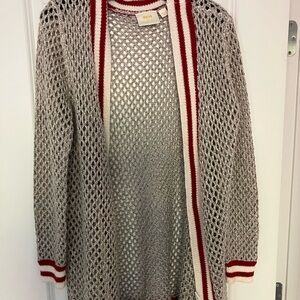 Maeve Gray Open-Knit Cardigan with Red Trim